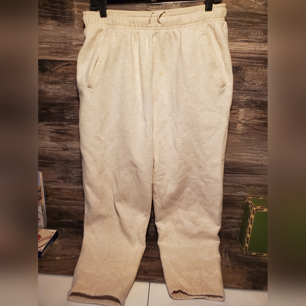 LL Bean Pants Womens Large Beige Wide‎ Leg Elastic Waist Sweatpants Stained